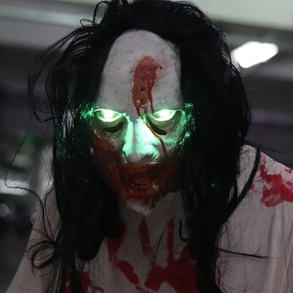 LED Light Up Ghost Mask with Long Hair, Scary Glowing Female Zombie Mask for Halloween Cosplay