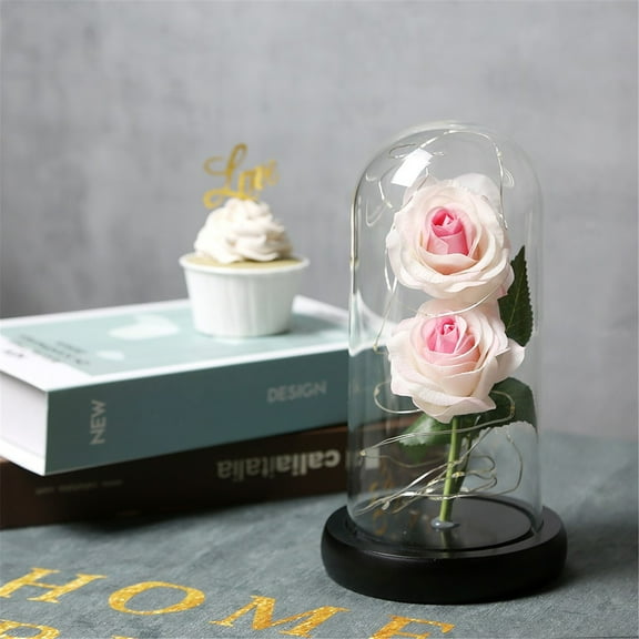 LED Light Up Glass Rose Decoration - Artificial Flower in Glass Dome with Pine Wood Base, Romantic Gift for Wedding & Home Decor