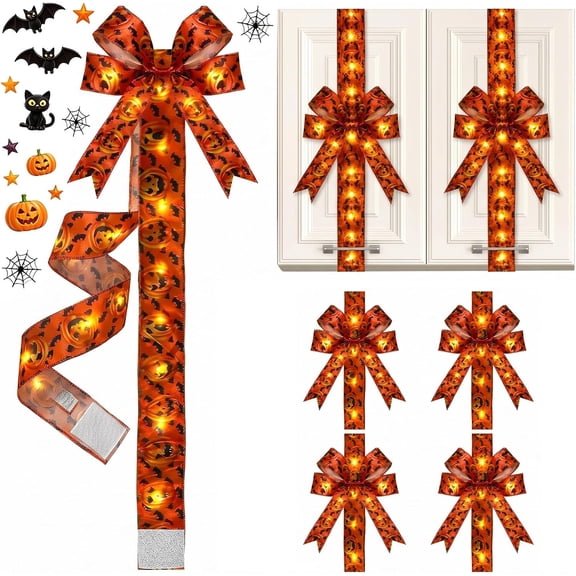 LED Light-Up Halloween Cabinet Door Bow, Pumpkin Bat Ribbon with Warm LED, Lime Green and Red, Door Festive for Pantry, Closet, Cupboard & Fall Party Decor
