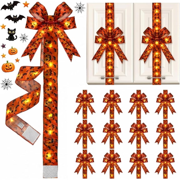 LED Light-Up Halloween Cabinet Door Bow, Pumpkin Bat Ribbon with Warm LED, Lime Green and Red, Door Festive for Pantry, Closet, Cupboard & Fall Party Decor