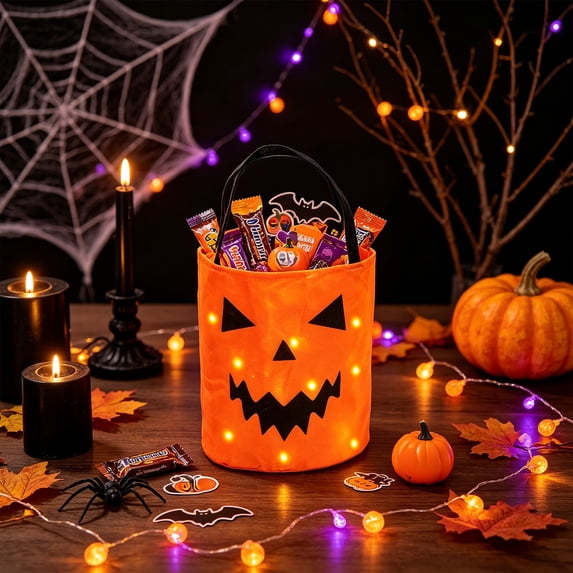 LED Light Up Halloween Candy Bucket with Pumpkin Skull Design for Kids Halloween Party Supply Gift Bag