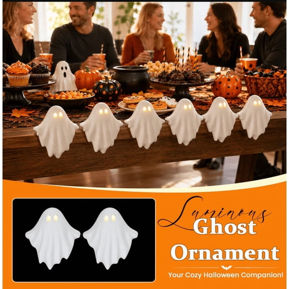 LED Light Up Halloween Ghost Sitter Decor, White Luminous Spooky Tabletop Figurine for Fireplace Shelf, Autumn Holiday Indoor Atmosphere Ornament