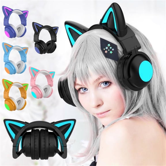 LED Light-Up Headphones - Foldable Wireless Bluetooth 5.0 Headset, Autom-Change Colorful 4-Inch Earmuffs, 12H Battery With AUX Cable For Party And Cosplay
