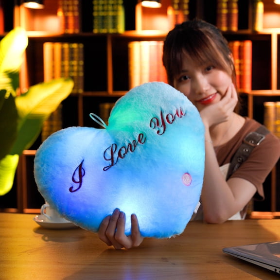 LED Light Up Heart Pillow 13.8 Inch - Soft Blue Polyester, Battery Operated Valentine's Day Gift for Couples