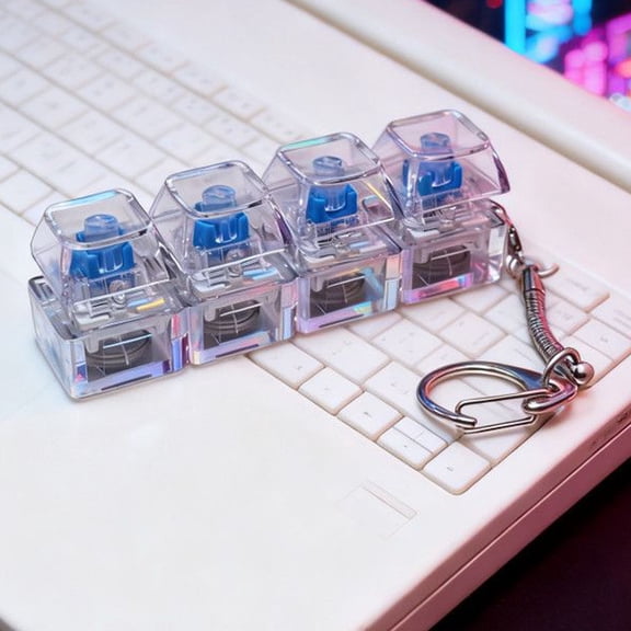 LED Light Up Keyboard Fidget Clicker 4-Key Mechanical Fidget Keyboard Mini Keychain Anxiety Relief Toy for Adults Kids Daily Use (White Transparent)