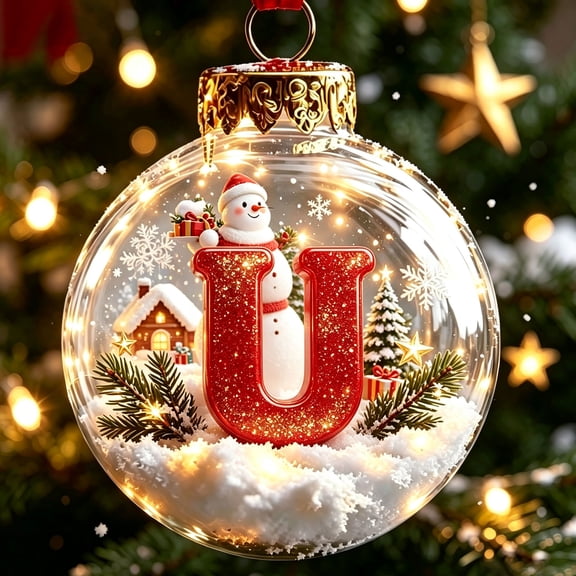 LED Light-Up Letter Ball Ornament, 26 Alphabet Initial Hanging Christmas Tree Decoration, Battery Operated Holiday Party Balls, Indoor Tabletop Display - U