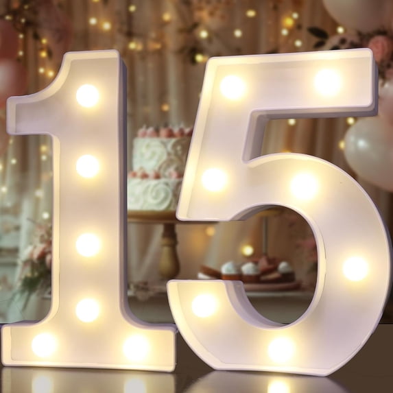 Pooqla LED Light up Number Letters, White Plastic Marquee Number Lights Sign Party Wedding, Bar, Night Light, Room, Birthday Decoration, Number 15