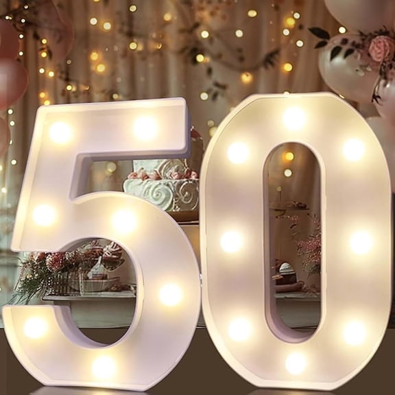 Pooqla LED Light up Number Letters, White Plastic Marquee Number Lights Sign Party Wedding, Bar, Night Light, Room, Birthday Decoration, Number 50