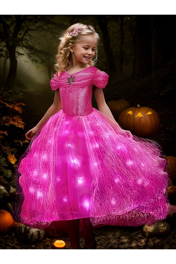 LED Light-Up Pink Princess Tutu Dress for Girls - Sleeveless Party Gown with Star Sequins, Perfect for Halloween, Christmas, and Special Occasions, Party Dress, Best for Christmas