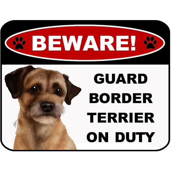 LED Light Up Red Flashing Blinking Attention Grabbing Laminated Dog Sign Beware Guard Border Terrier on Duty Yard Fence Gate