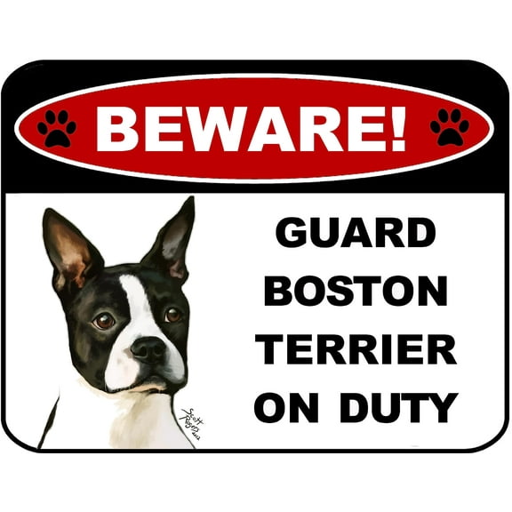 LED Light Up Red Flashing Blinking Attention Grabbing Laminated Dog Sign Beware Guard Boston Terrier on Duty Yard Fence Gate