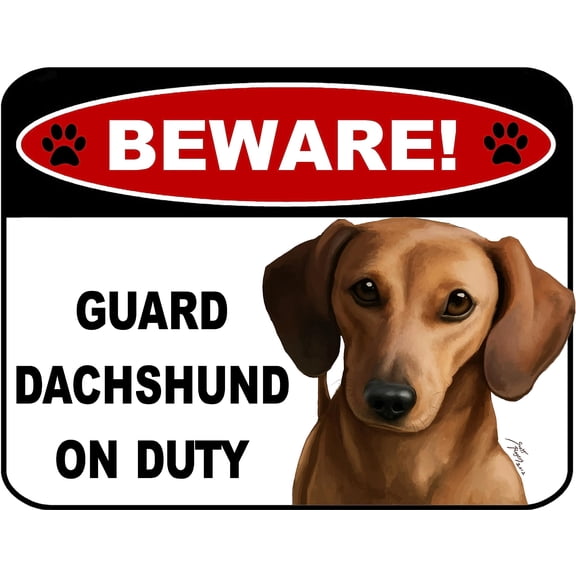 LED Light Up Red Flashing Blinking Attention Grabbing Laminated Dog Sign Beware Guard Dachshund (Brown) on Duty Yard Fence Gate