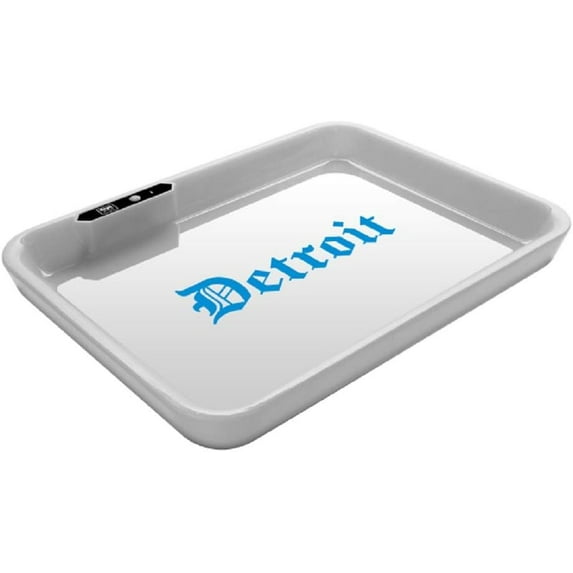 LED Light Up Rolling Tray, Decorative Serving Food Tray, Vanity, Jewelry Holder, Limited Edition, Detroit, White