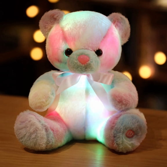 LED Light Up Teddy Bear Stuffed Animal Plush Toy, Color Changing Glowing Ribbon Bow Bear Figurine, Soft Huggable Night Light Gift, White 16 Inch