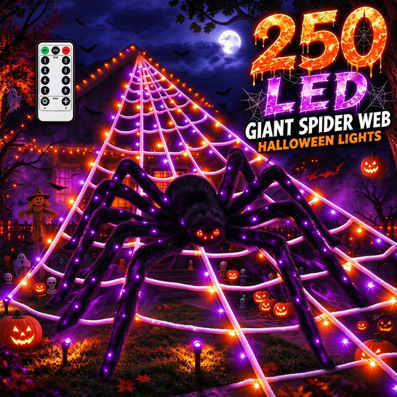 LED Light Up Triangle Spider Web Halloween Decoration 196.85in, Large 59.06in Furry Spider Scary Prop for Outdoor Lawn Porch Haunted Party