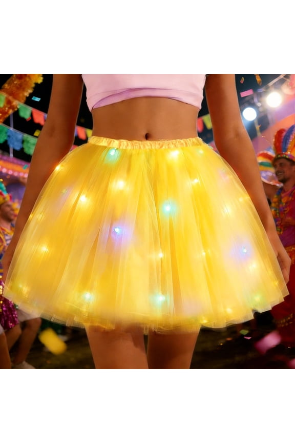 LED Light Up Tutu Skirt for Women – Glowing Fairy Mesh Rave Party Costume – Colorful Elastic Waist Ballet Skirt for Halloween and Cosplay – One Size