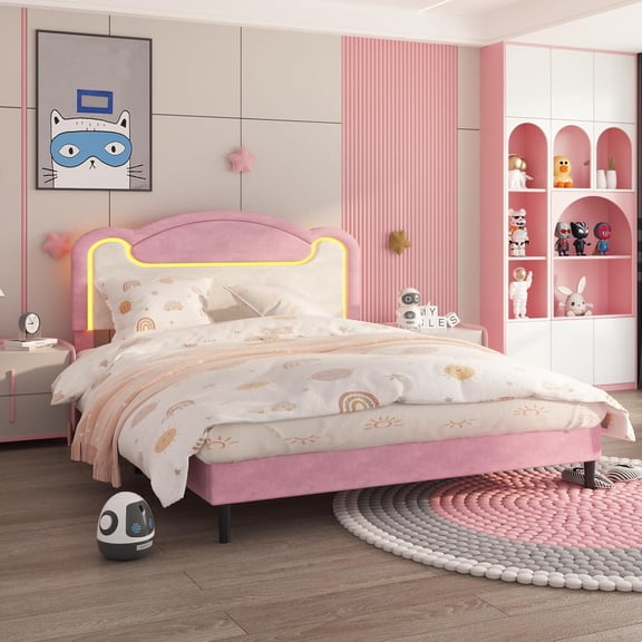 Memoryfield LED Light Upholstered Bed Frame, Full Size Princess Bed with Fabric Headboard, Features Wood Slats and No Box Spring Needed, Pink