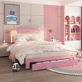 thumbnail image 1 of Memoryfield LED Light Upholstered Bed Frame, Full Size Princess Bed with Storage Drawers and Fabric Headboard, Features Wood Slats and No Box Spring Needed, Pink, 1 of 7