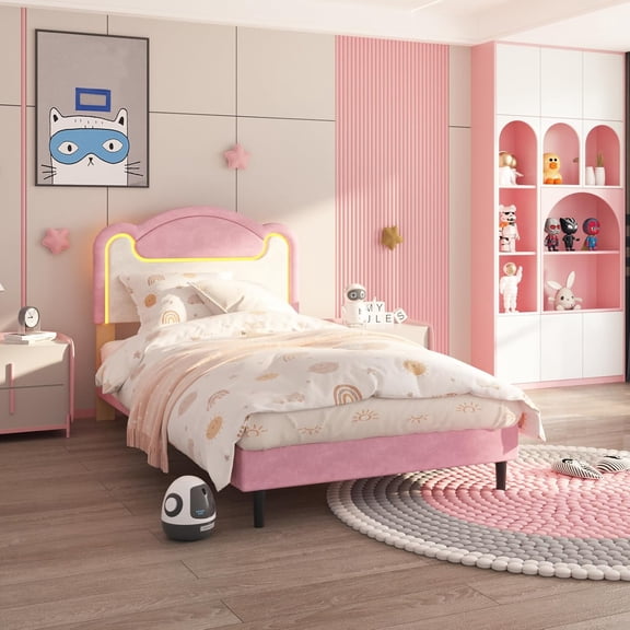 LED Light Upholstered Bed Frame, Twin Size Princess Platform Bed with Fabric Headboard and Wood Slats, No Box Spring Required in Pink and White