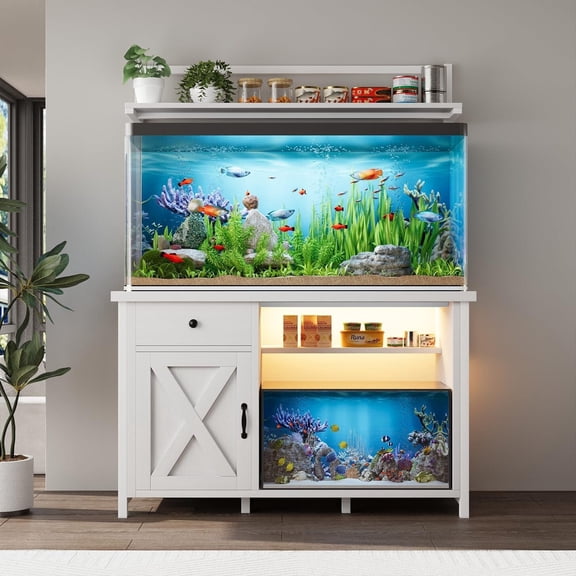 LED Light White Aquarium Stand, 49 Inch Rustic Fish Tank Stand for 55-75 Gallon, with Open Shelf & Power Outlet, Storage Cabinet