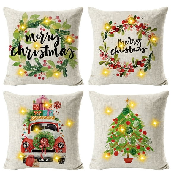 LED Light Up Winter Pillow Covers 18x18 for Christmas Decorations Santa Snowman Houses Claus Tree Reindeer with LED Lights Christmas Throw Pillows Covers Car Couch Sofa Party Decor