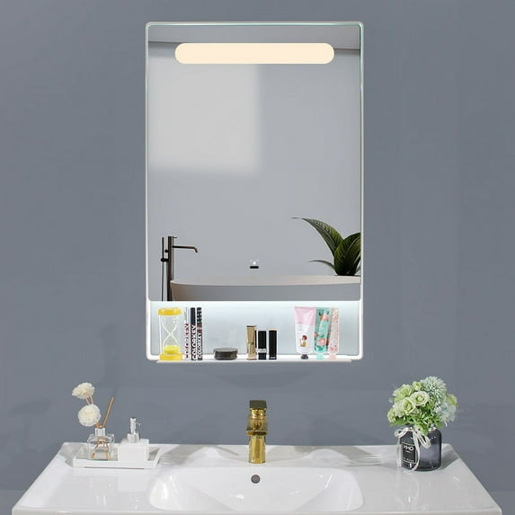 LED Lighted 22x34 Wall Mounted Infrared Hand Sensor Switch White Framed Bathroom Vanity Mirror with Shelf