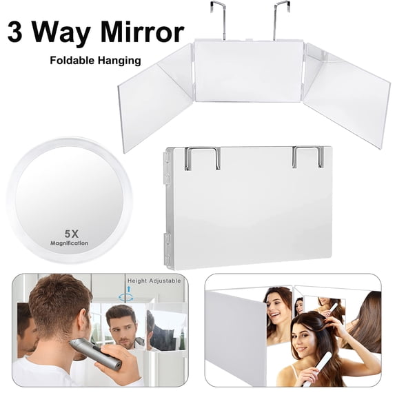 Rechargeable 3-Way LED Makeup Mirror - Trifold, Height Adjustable & Wall Mountable in White