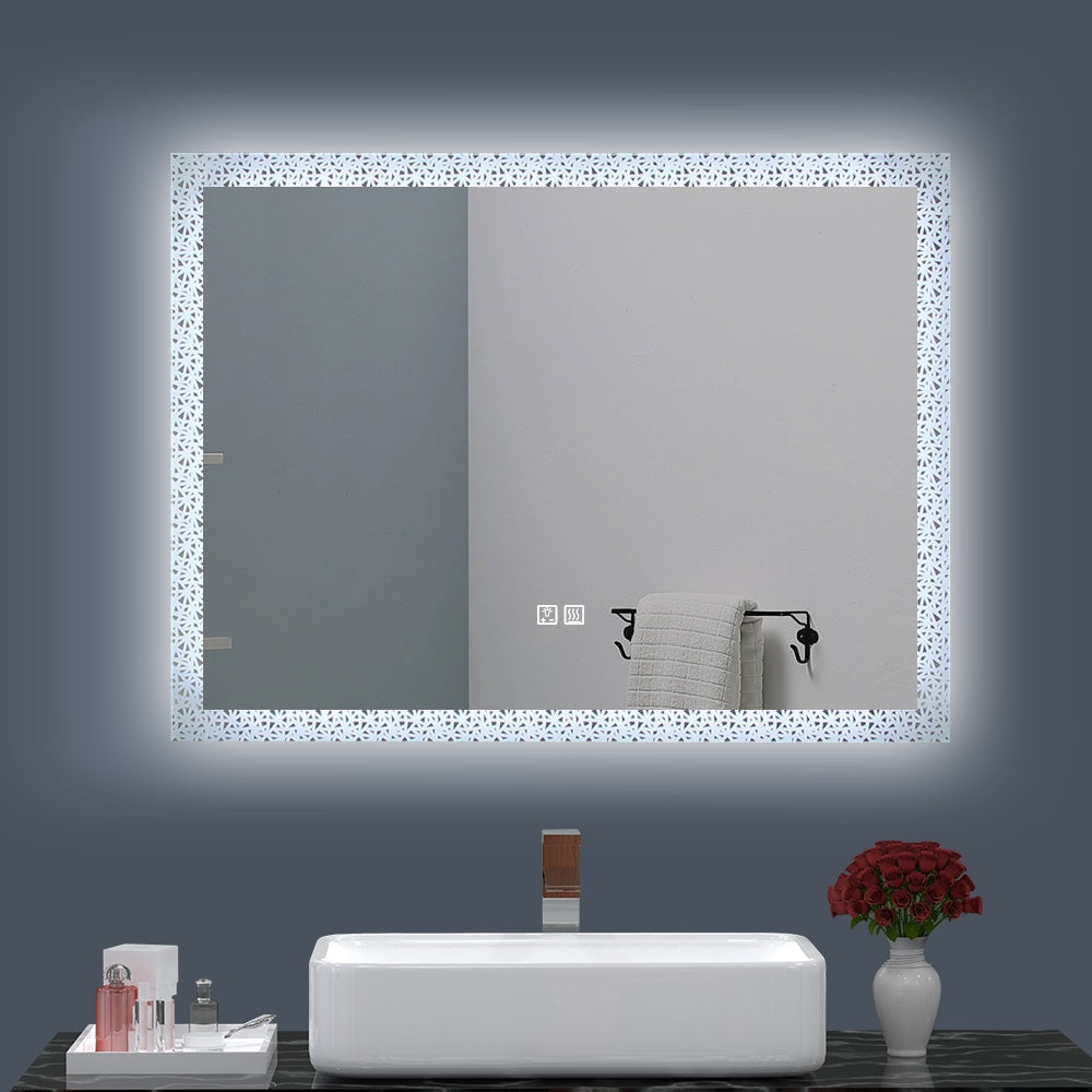 LED Lighted 32x24 Wall Mounted Frameless Mosaic Edged Rectangle ...