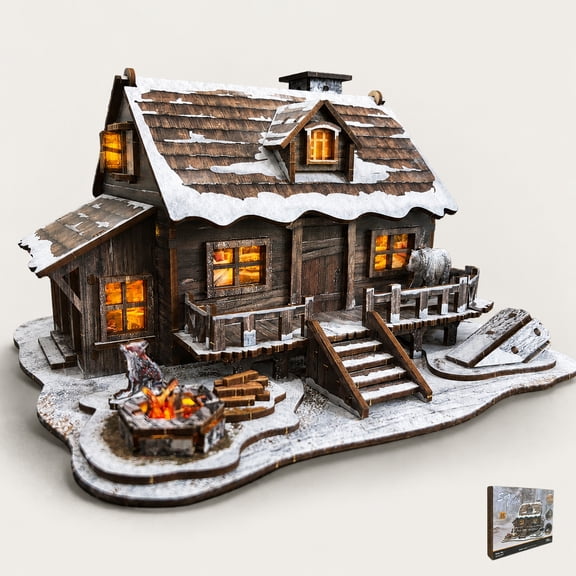LED 3D Wooden Puzzle Winter Cabin DIY Miniature Building Kit with LED Lights - 3D Craft Rural Wooden Cabin Models Decor Gift for Adult