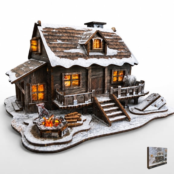 LED 3D Wooden Puzzle Winter Cabin DIY Miniature Building Kit with LED Lights - 3D Craft Rural Wooden Cabin Models Decor Gift for Adult