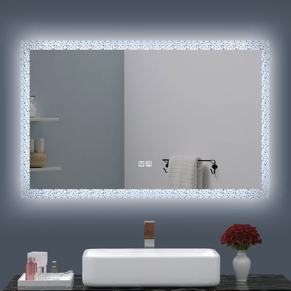 LED Lighted 40x24 Wall Mounted Frameless Mosaic Edged Rectangle Bathroom Vanity Mirror