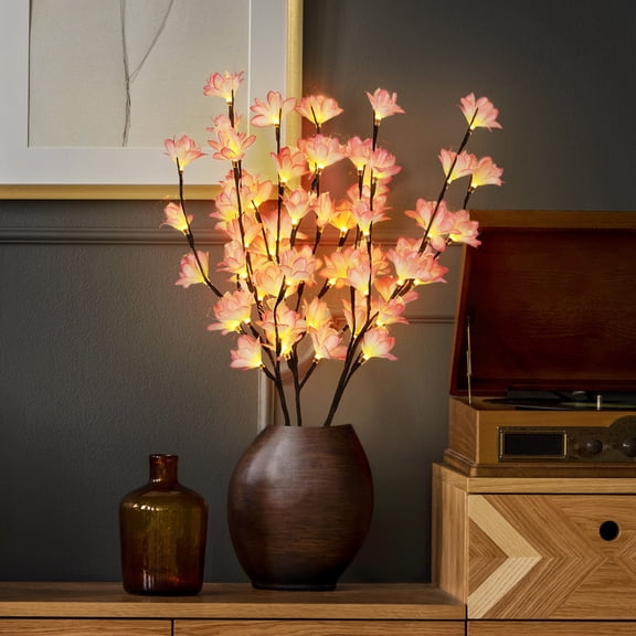 LED Lighted Artificial Cherry Blossom Branches 3 Pack, Battery Operated Warm White Flower Stems for Vase, Decorative Table Lamp for Bedroom, Living Room