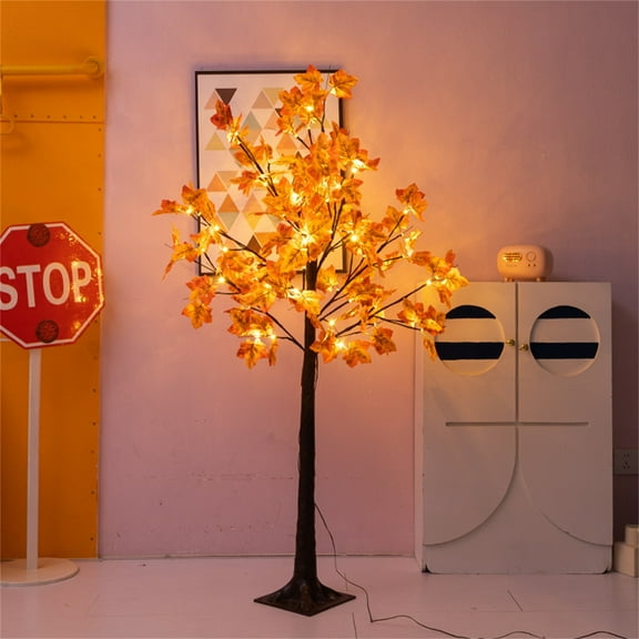 LED Lighted Artificial Maple Tree with Warm White Lights, Realistic Faux Fall Tree for Indoor Outdoor – Thanksgiving Halloween Christmas Holiday Home Garden Decor