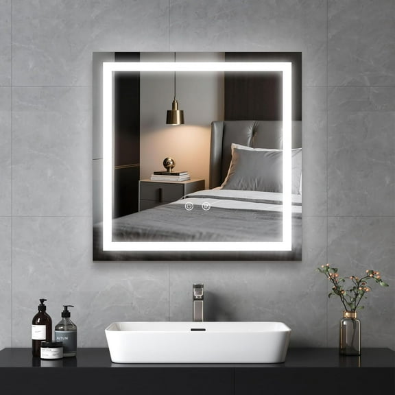LED Lighted Bathroom Mirror with Anti-Fog, Square Wall Mounted Vanity Smart Touch Button, Memory Function, Adjustable Warm White/Natural/Daylight Lights(24x24 inches)