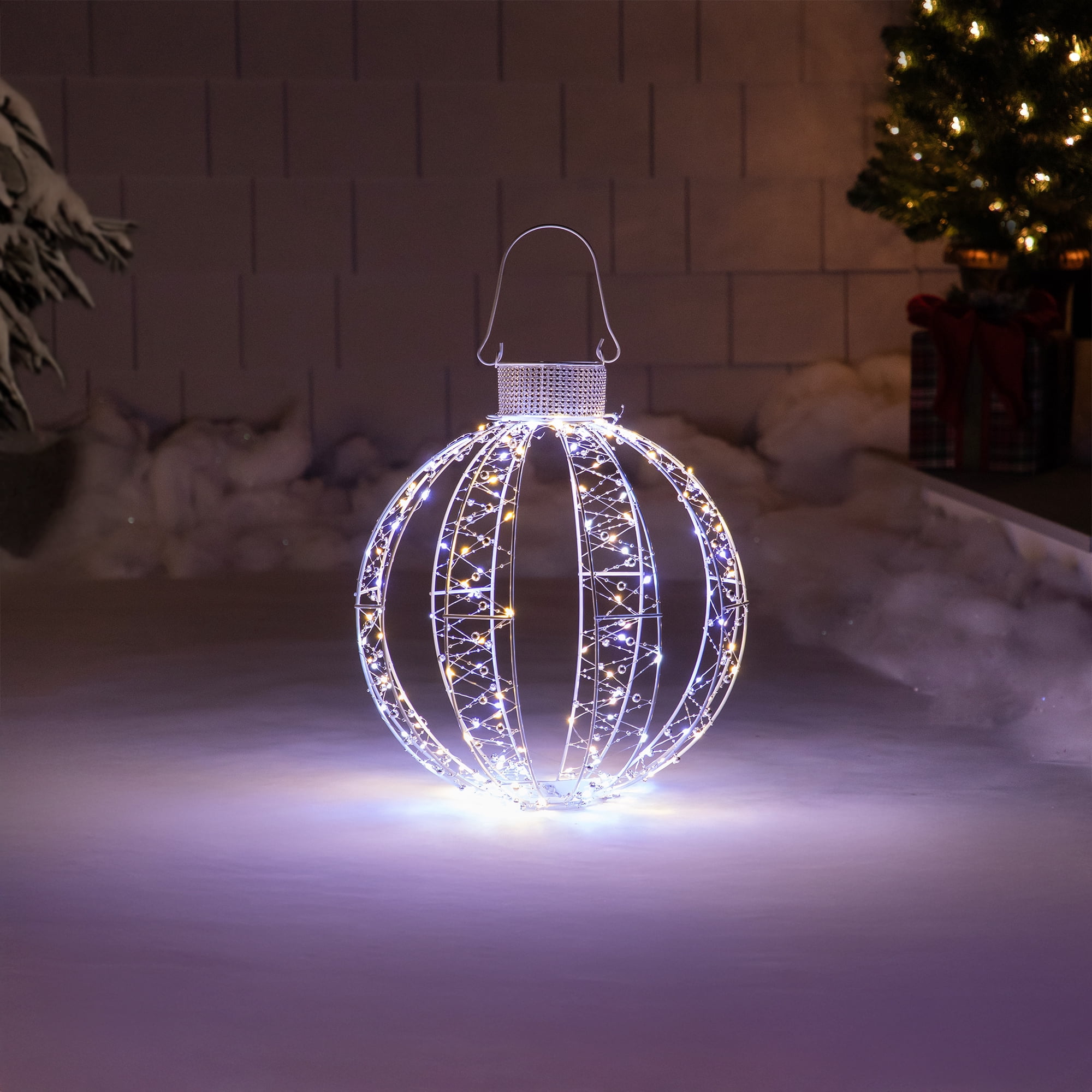 LED Lighted Bead 3-D Ball Ornament Christmas Outdoor Decoration - 15" - Candlelight Clear