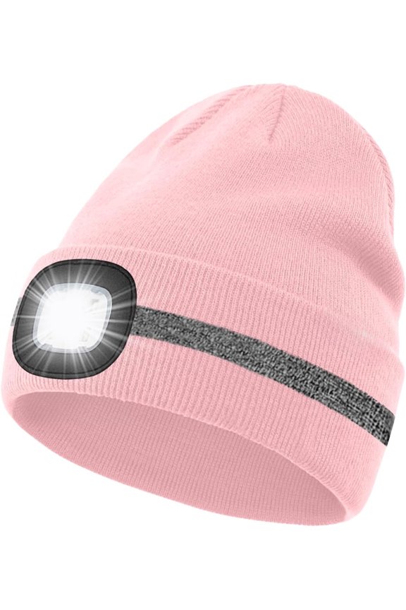 LED Lighted Beanie Hat,USB Rechargeable 4 LED Run Headlamp with Reflective Stripe Cap Light Gift for Men and Women