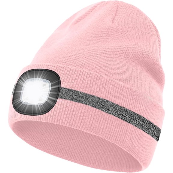 LED Lighted Beanie Hat,USB Rechargeable 4 LED Run Headlamp with Reflective Stripe Cap Light Gift for Men and Women