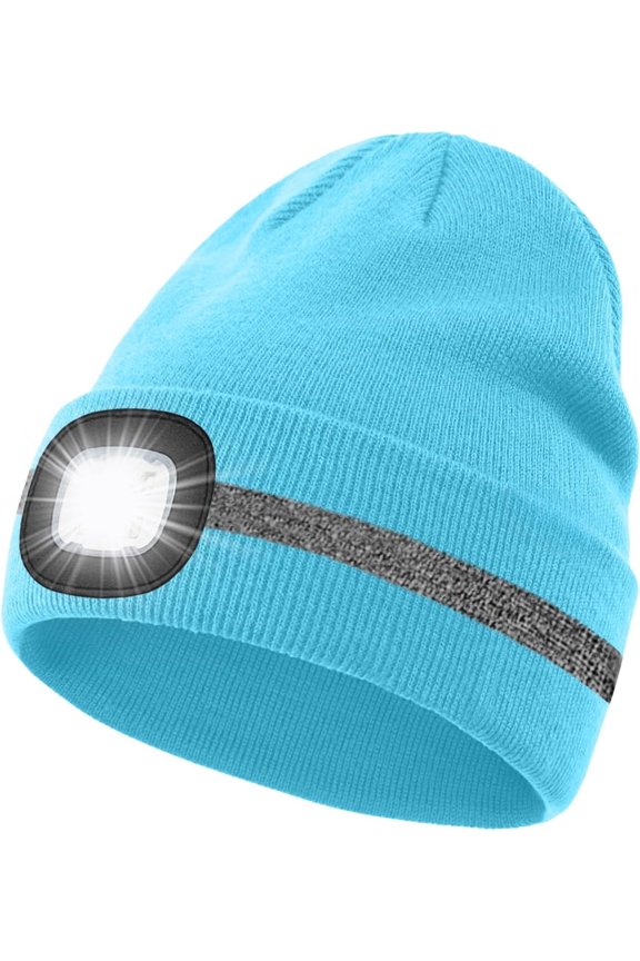 LED Lighted Beanie Hat,USB Rechargeable 4 LED Run Headlamp with Reflective Stripe Cap Light Gift for Men and Women
