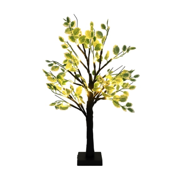 LED Lighted Birch Tree with Green Leaves, 2ft Brown Tabletop Decorative Tree with Fairy Lights, USB or Battery Powered, Indoor Christmas Easter Holiday Centerpiece Decor