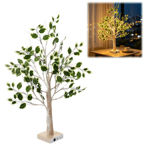 LED Lighted Birch Tree with Green Leaves Battery Powered Light Up Tree Lamp Fairy Spirit Tree for Christmas Wedding Office Home Decor Table Top Artificial Tree (White)