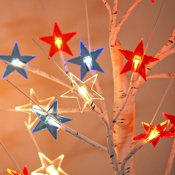 LED Lighted Birch Tree With Red, White & Blue Star Lights – Battery Powered Artificial Tree for Independence Day, Memorial Day & Veterans Day Tabletop Decoration