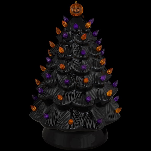Northlight LED Lighted Ceramic Halloween Tree with Pumpkin - 14.75" - Black