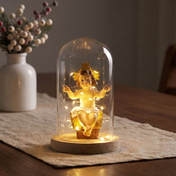 LED Lighted Christmas Nativity Scene Statue 7.7 in, Resin Manger Figurine Centerpiece Table Ornament Battery Operated