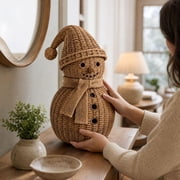 LED Lighted Christmas Snowman Tabletop Ornament, Rattan Woven Boho Farmhouse Holiday Decor with Hat Scarf for Home Shelf Mantel Gift