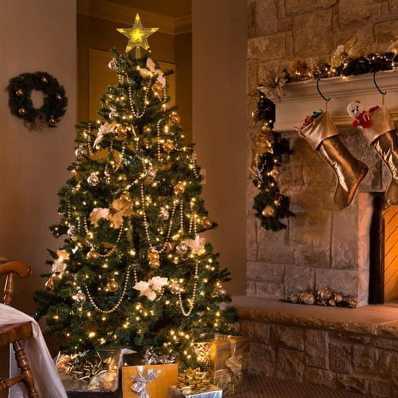 LED Lighted Christmas Tree Topper Star 6.3 x 7 Inch Star Tree Topper Xmas Ornaments Party Home Decoration (Warm White Light)