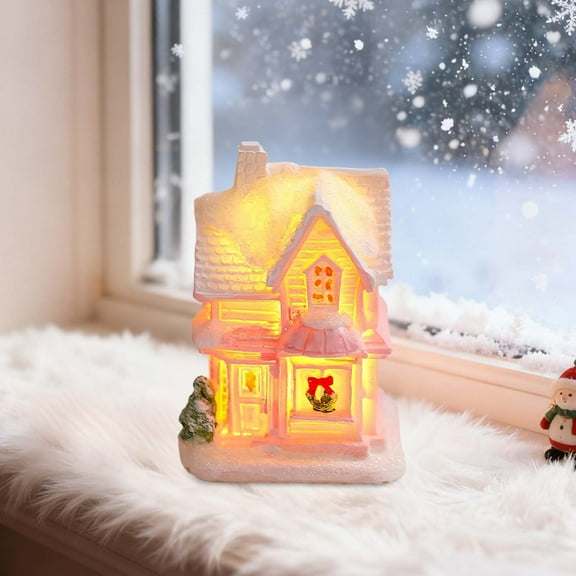 LED Lighted Christmas Village House Ornaments, Resin Mini Snow Houses Figurines, Winter Village Desktop Decoration for Home Office Tabletop Decor