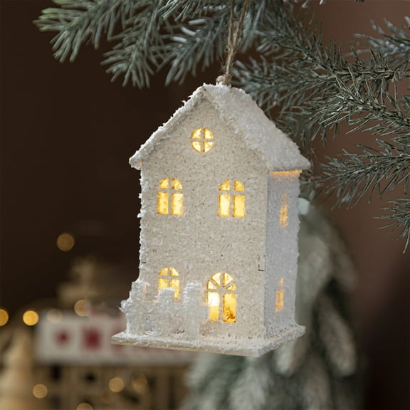 LED Lighted Christmas Village Set, Miniature Resin Houses with Street Lamp and Trees, DIY Winter Scene Decor for Tabletop and Mantel Display(White,A)