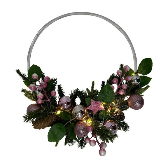 LED Lighted Christmas Wreath with Timer and Baubles, Front Door Holiday Decor for Indoor Outdoor Christmas Decoration