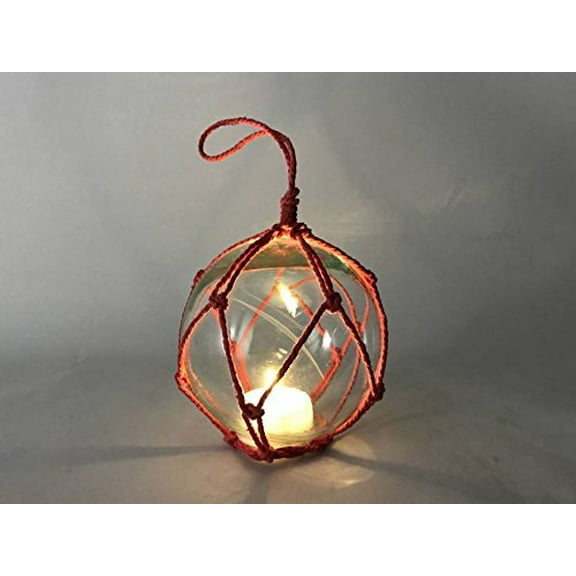 led lighted clear japanese glass ball fishing float with red netting decoration 4 inch