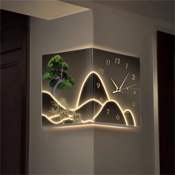 LED Lighted Double-Sided Corner Mural Clock, Creative Wall-Mounted Decor Clock with Dimmable Light, Silent Non-Ticking Clock for Living Room & Bedroom Decoration